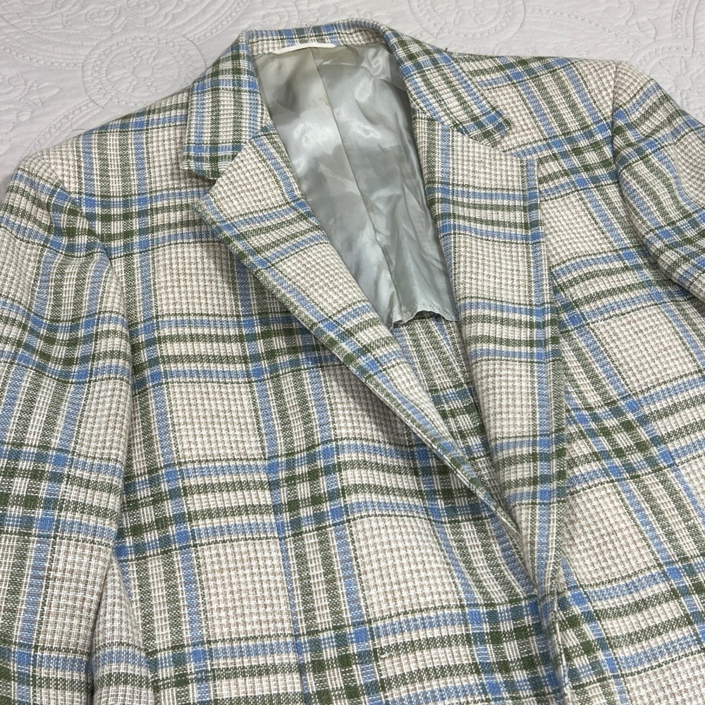 Vintage Chaps Ralph Lauren Plaid Sport Coat Blazer Blue Green Cream Mens *READ